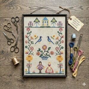 Handmade Cross Stitch Sampler Colonial Folk Art Bird House Flowers Vintage 18x13